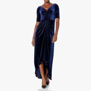 Adrianna Papell Velvet Gown Dress, Midnight Blue, V-Neck, High-low, Stretchy